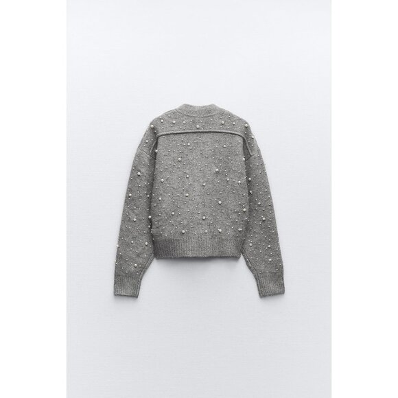 Zara Grey Pearl-Embellished Bomber Zip Cardigan - Picture 7 of 10